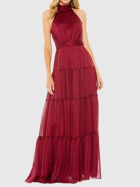 NWT Mac Duggal Sz 12 Burgundy High-Neck Tiered Maxi Gown 49515